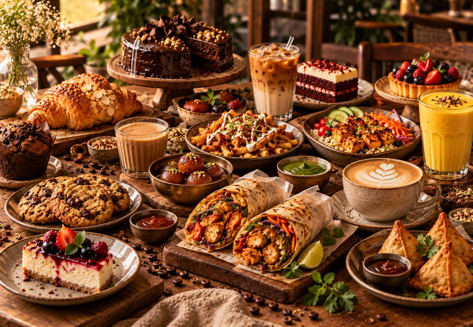 Rolls, paneer, mango lassi, samosas and gulab jamun arranged on a linen table.